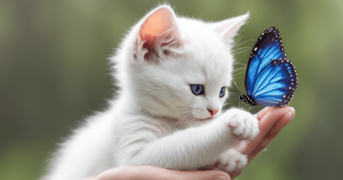 A cute white kitten gently holding a butterfly in its paws