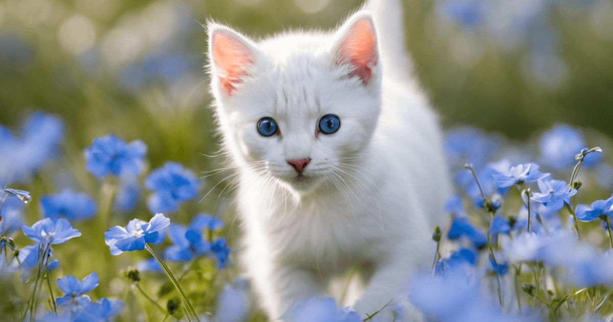 A pure white kitten walking gracefully through a field of nemophila flowers