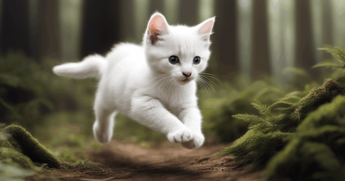 A white kitten running through a forest. Running sideways from right to left. The background is displayed in a flowing manner.